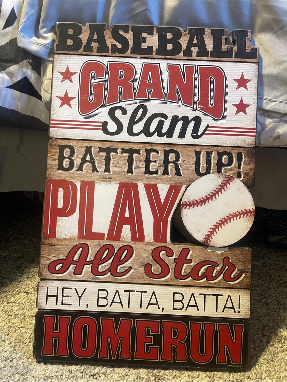 Hobby Lobby Red, White, Brown 'Grand Slam' Wooden Baseball Sign